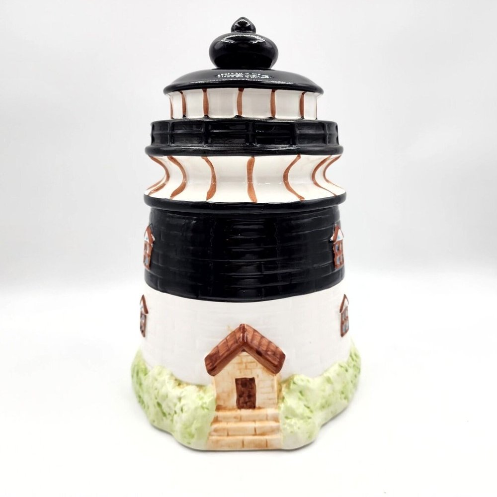 Vintage Thomson Pottery Lighthouse Cookie Jar Canister Ceramic Black 11.50 in